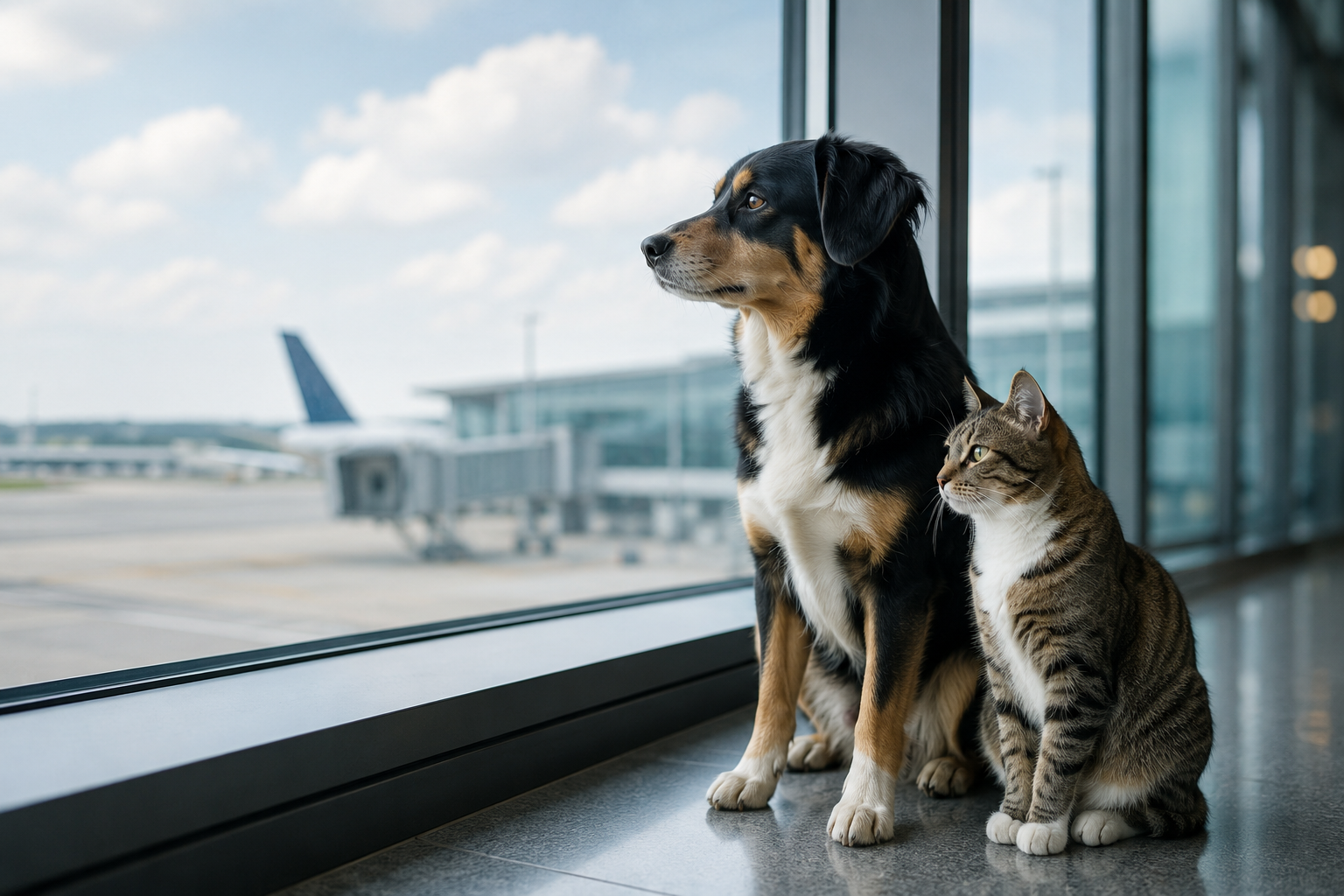 A dog and cat waiting beside an airport window